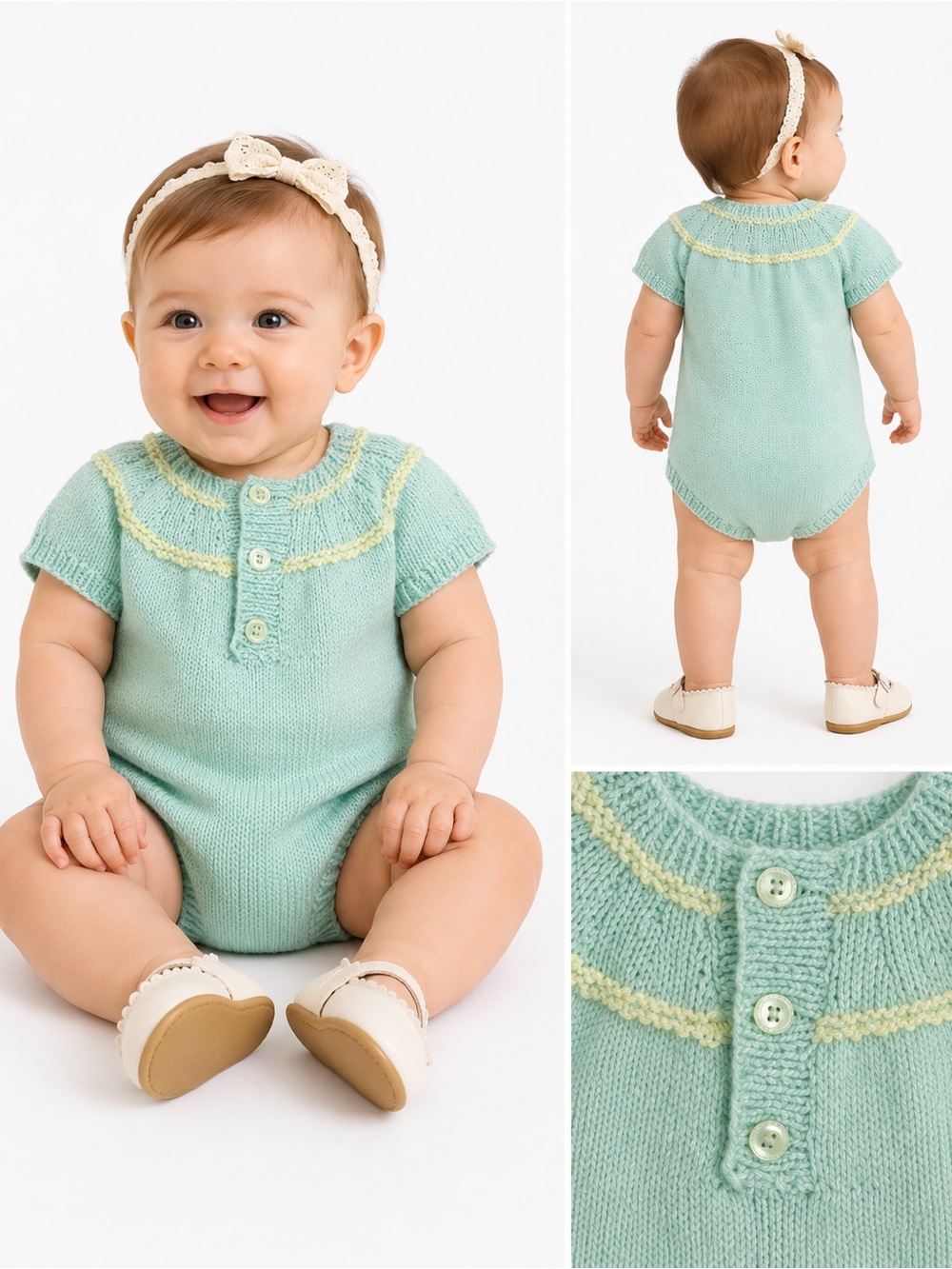 Size 6–12 Months Handmade Baby Knit Romper Mint Green Short Sleeve Heirloom - Picture 2 of 6